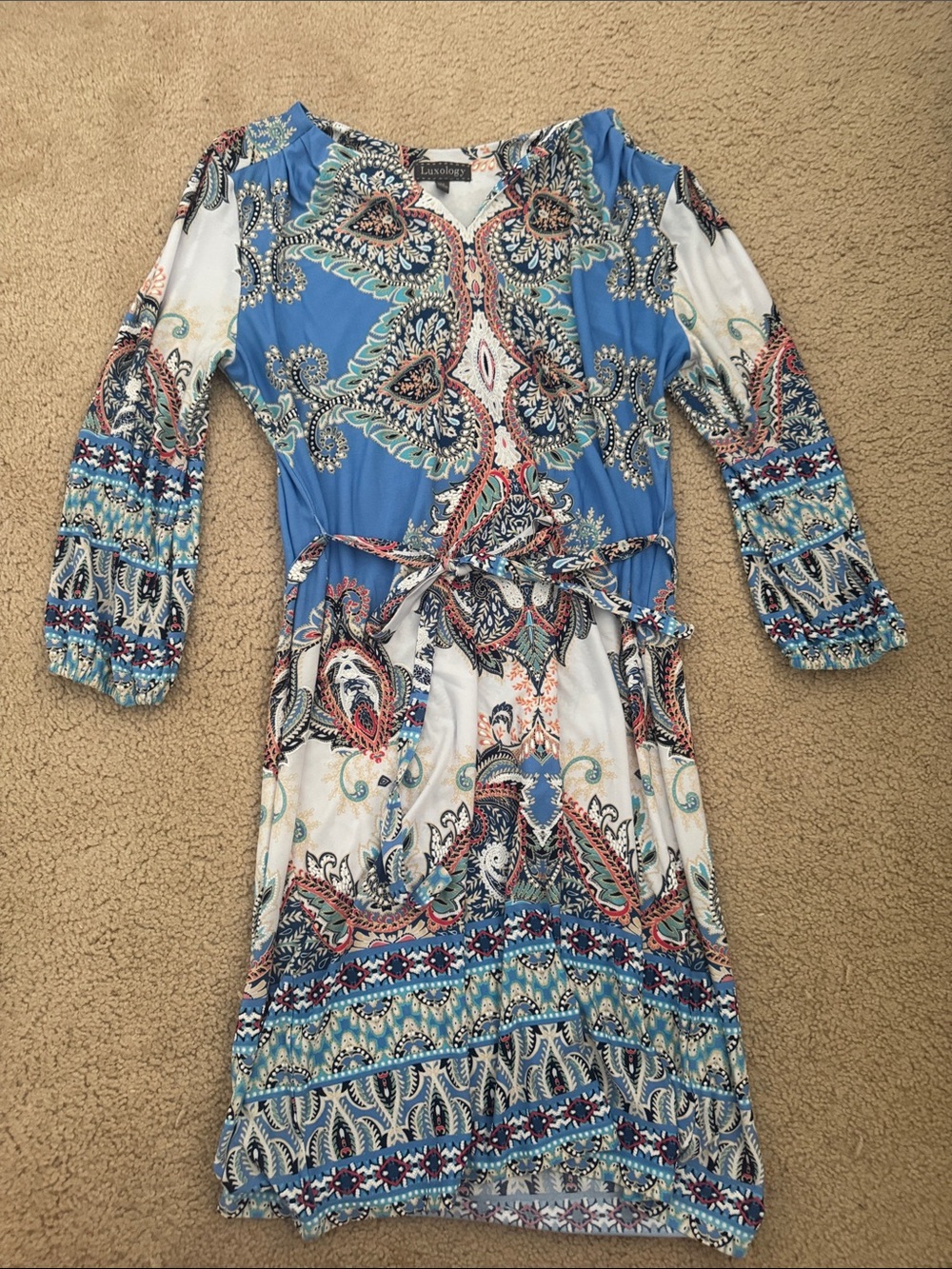 Luxology Blue Paisley Print Tie-Waist Midi Dress